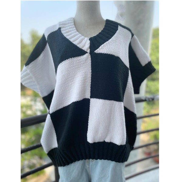 Checkered sweater, check board knit vest, wednesday vest, black and white knit vest, mother day gift, cinco de mayo