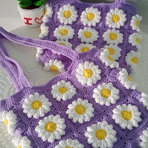 Handmade shoulder bag, tote bag, Crochet Granny square bag, , pink flower summer bag, Gift for woman, mother day gift Purple