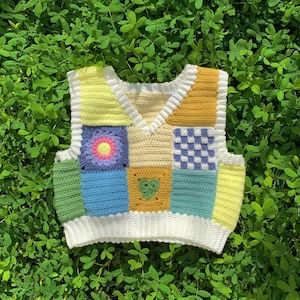 Patchwork crochet top, granny squares shirt, Woman knit flower vest, gift for her girl, Halloween shirt costume, back to school