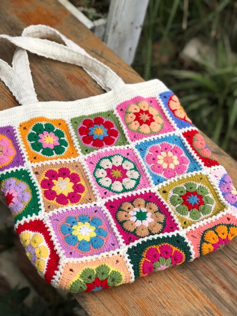 Crochet Granny square bag, handmade shoulder bag, Africa flower summer bag, Big tote bag, Gift for woman, mother day gift. zdjęcie 4
