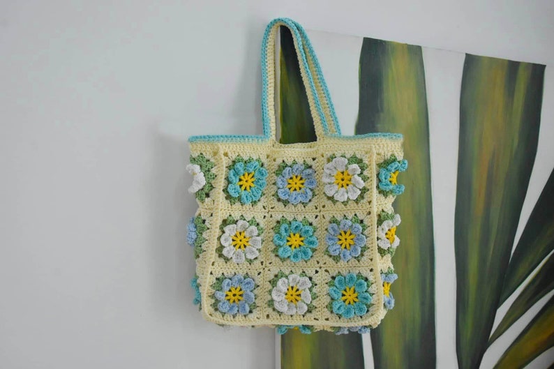 Grand sac fourre-tout, sac carré grand-mère au crochet, sac à bandoulière fait main, sac d'été à fleurs roses, cadeau pour femme, cadeau de fête des mères image 7