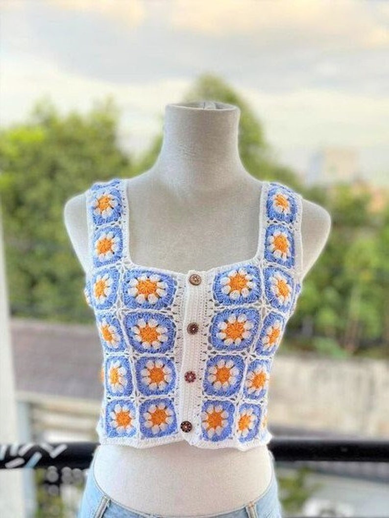 Crochet knit top, bohemian hippie top, granny square top, sexy crochet top, summer 2023 shirt, pretty top, foral shirt, mother day gift image 1