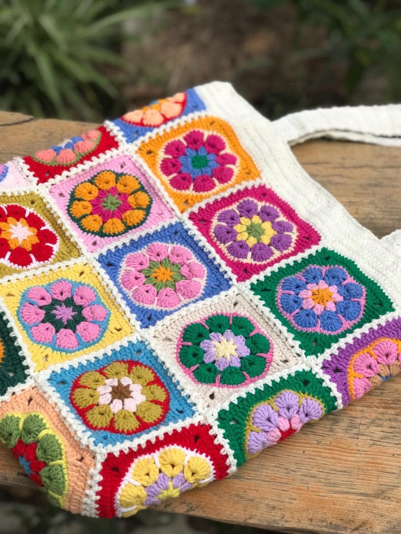 Crochet Granny square bag, handmade shoulder bag, Africa flower summer bag, Big tote bag, Gift for woman, mother day gift. zdjęcie 5