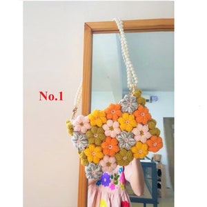 Puff flower crochet bag, handmade crossbody bag, beaded pearl strap floral bag, Gift for girl woman, Halloween bag decor, back to school