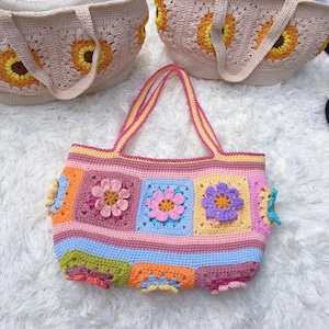 Tote bag, Crochet Granny square bag, handmade shoulder bag, pink flower summer beach bag, Halloween bag decoration, back to school