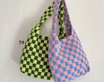Handmade Crochet Checkered Shoulder Bag, Cotton Yarn Tote, Art Vibe Beach Bag, Halloween bag, Halloween gift, Christmas gift, Xmas gift