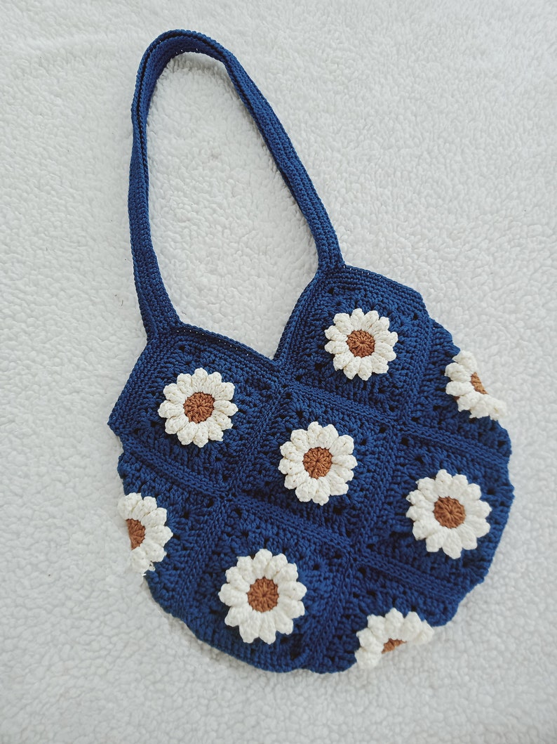 Handmade shoulder bag, tote bag, Crochet Granny square bag, , pink flower summer bag, Gift for woman, mother day gift zdjęcie 3