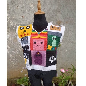 Haut au crochet en patchwork, chemise à carreaux de grand-mère, chemise Adventure time, cadeau pour sa fille, cadeau de fête des mères, cadeau de Pâques