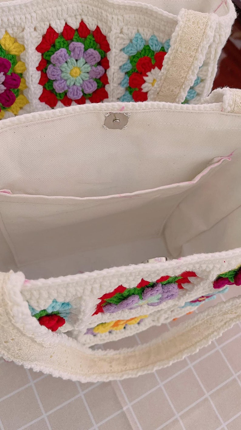 Grand sac fourre-tout, sac carré grand-mère au crochet, sac à bandoulière fait main, sac d'été à fleurs roses, cadeau pour femme, cadeau de fête des mères image 2