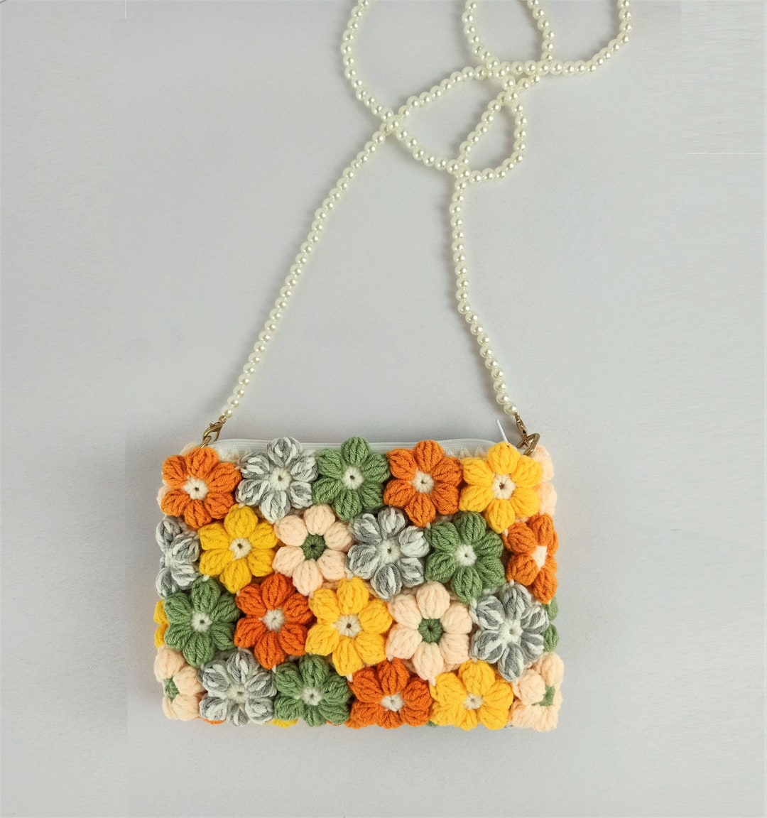 Puff Flower Crochet Bag, Handmade Crossbody Bag, Beaded Pearl Strap ...
