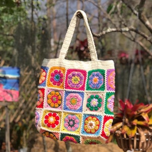 Crochet Granny square bag, handmade shoulder bag, Africa flower summer bag, Big tote bag, Gift for woman, mother day gift. zdjęcie 6