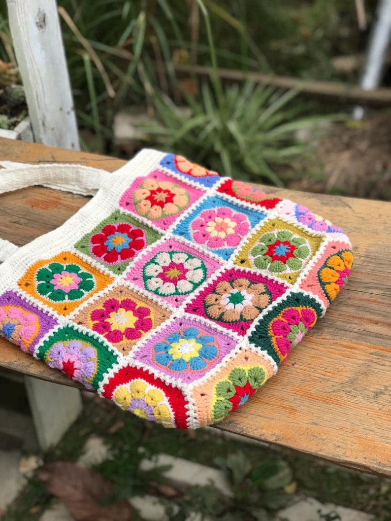 Crochet Granny square bag, handmade shoulder bag, Africa flower summer bag, Big tote bag, Gift for woman, mother day gift. zdjęcie 2