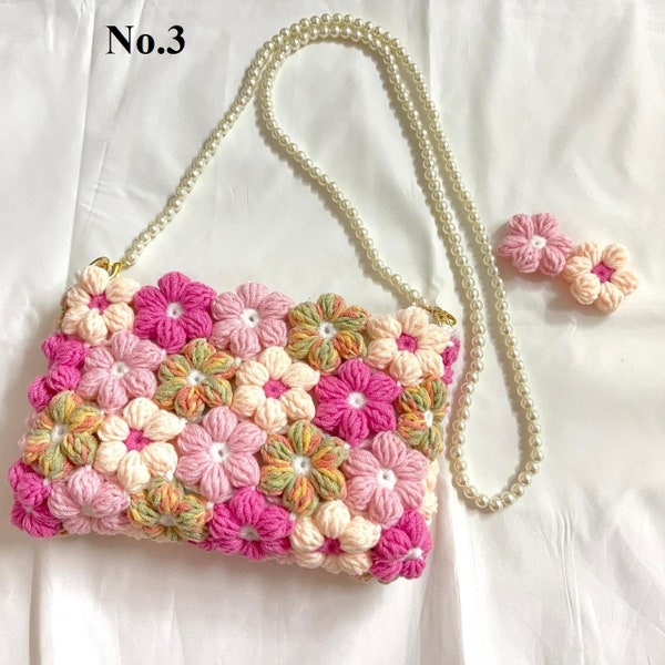 Puff flower bag, Crochet handmade crossbody bag, beaded pearl strap floral bag, gift for girl woman, mother day gift