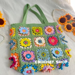 Big tote bag, Crochet Granny square bag, handmade shoulder bag, pink flower summer bag, Gift for woman, mother day gift Green-multicolor