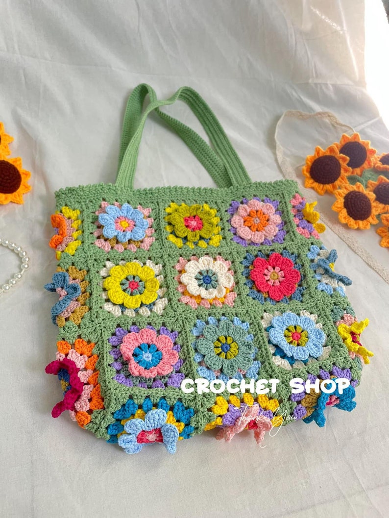 Big tote bag, Crochet Granny square bag, handmade shoulder bag, pink flower summer bag, Gift for woman, mother day gift Green-multicolor