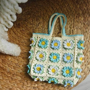 Big tote bag, Crochet Granny square bag, handmade shoulder bag, pink flower summer bag, Gift for woman, mother day gift White _ blue