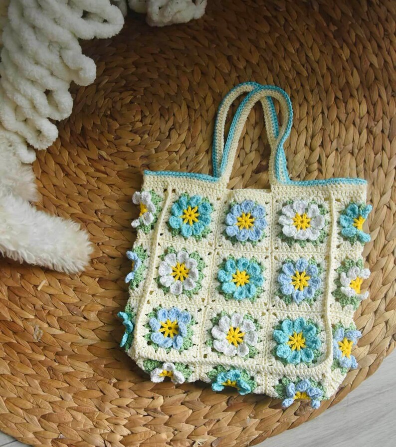 Big tote bag, Crochet Granny square bag, handmade shoulder bag, pink flower summer bag, Gift for woman, mother day gift White _ blue