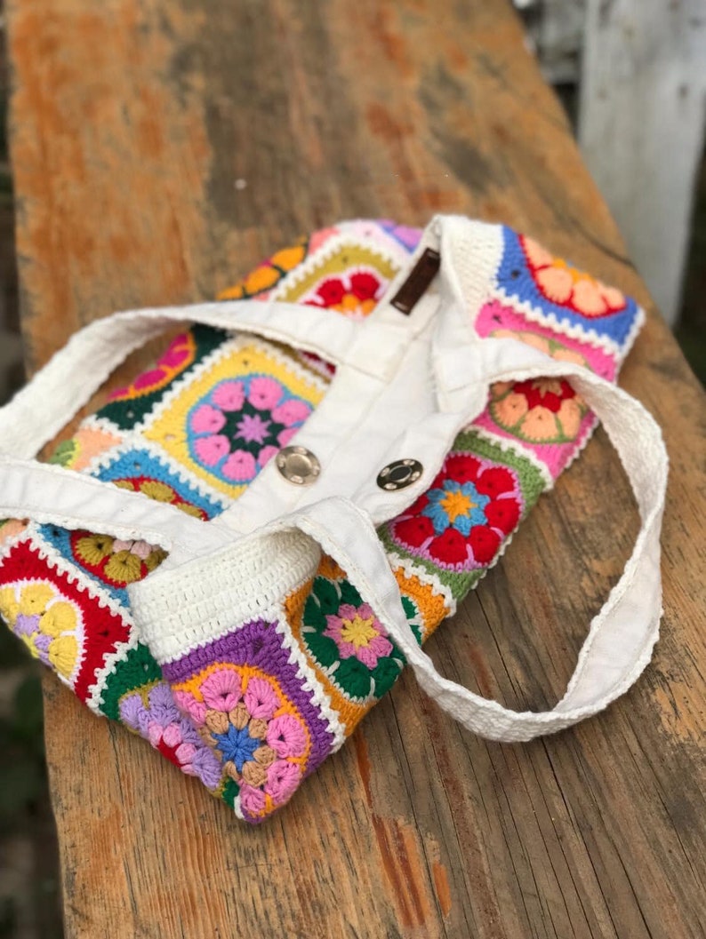 Crochet Granny square bag, handmade shoulder bag, Africa flower summer bag, Big tote bag, Gift for woman, mother day gift. zdjęcie 3