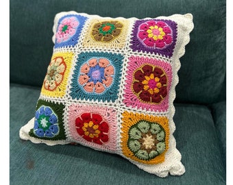 Pillow cover ONLY, Decorative pillow, Handmade crochet cat pillow, granny square pillow, Decor Chic Accents Couch Sofa, mother day gift