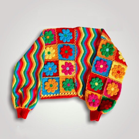 Crochet Colorful Flower Cardigan, Trendy Crochet Sweater Crochet Colorful Flower Cardigan, Trendy Crochet Sweater