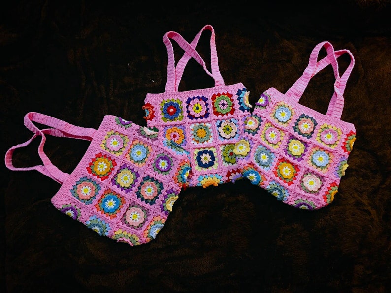 Big tote bag, Crochet Granny square bag, handmade shoulder bag, pink flower summer bag, Gift for woman, mother day gift Pink-Multicolor