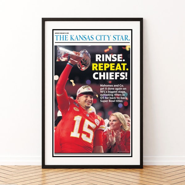 Affiche Mahomes Super Bowl LVIII 2024, affiche des Chiefs de Kansas City, impression encadrée, affiche de sport, cadeau pour fan de football, affiche de journal