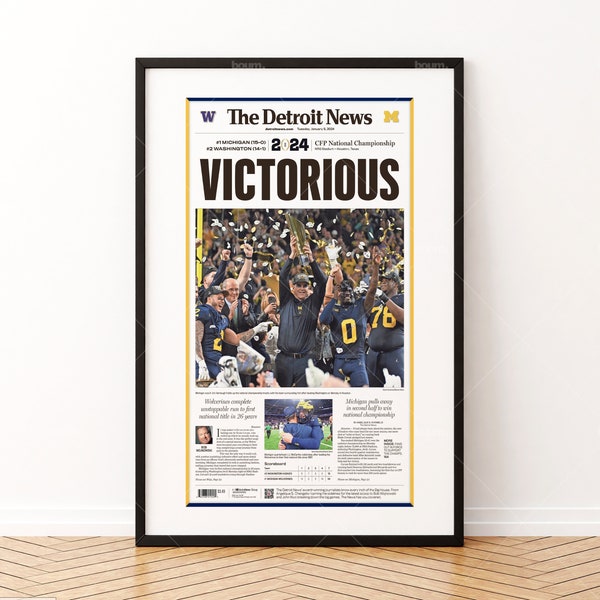 2024 National Champions - VICTORIOUS, Michigan Wolverines Poster, Framed Print, Sports Poster, Gift For Football Fan, Newspaper Poster