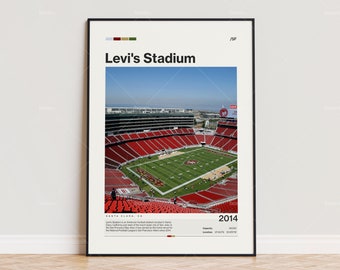 Może przedstawiać: Oprawiony wydruk stadionu Levi's Stadium w Santa Clara, CA, z widokiem na boisko i czerwone siedzenia. Wydruk zawiera tekst "Levi's Stadium" i rok "2014". Stadion jest stadionem do futbolu amerykańskiego.