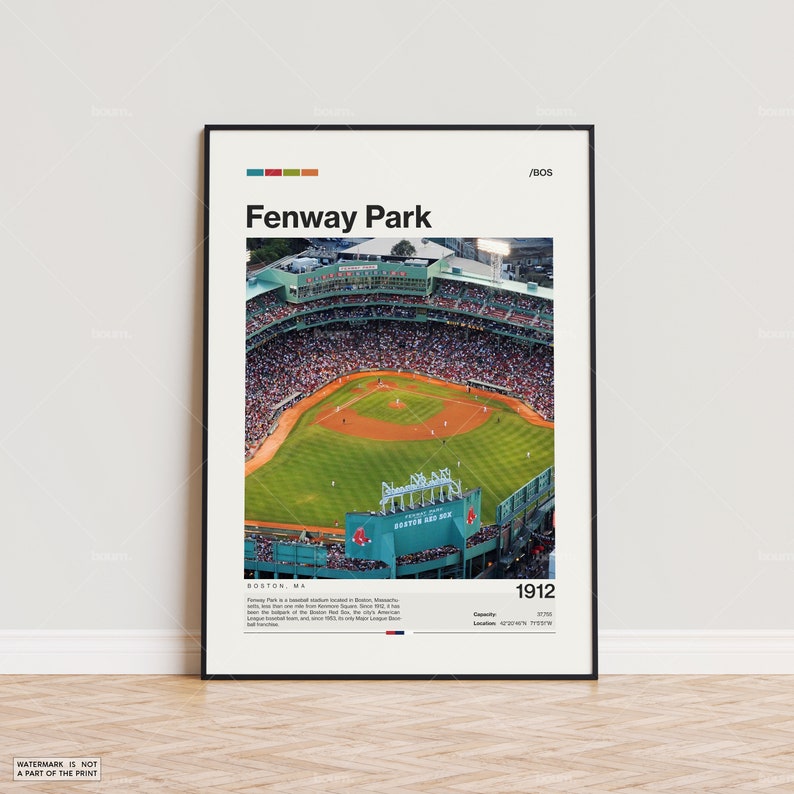 May include: A framed print of Fenway Park, a baseball stadium in Boston, Massachusetts. The image shows an aerial view of the field, with the text "Fenway Park" and "1912" displayed. The print has a black frame and is displayed on a wooden floor.
