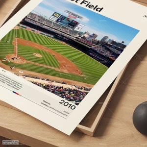 Op de afbeelding: Een ingelijste print van een honkbalveld, met de tekst "Target Field" bovenaan. De afbeelding toont een breed overzicht van het veld, met spelers en toeschouwers. Het jaar "2010" staat onderaan afgedrukt, samen met locatiegegevens.