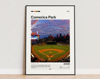 Puede incluir: Una impresión enmarcada de Comerica Park, un estadio de béisbol en Detroit, Michigan. La imagen muestra el campo, las luces del estadio y un cielo al atardecer. El texto "Comerica Park" y "2000" son visibles.