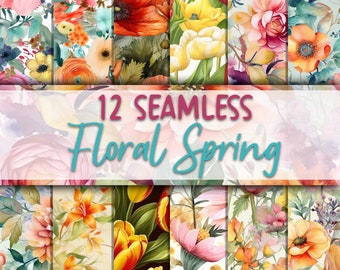 Floral Spring Digital Paper: 12 Seamless Watercolor Flower Backgrounds (12x12in)