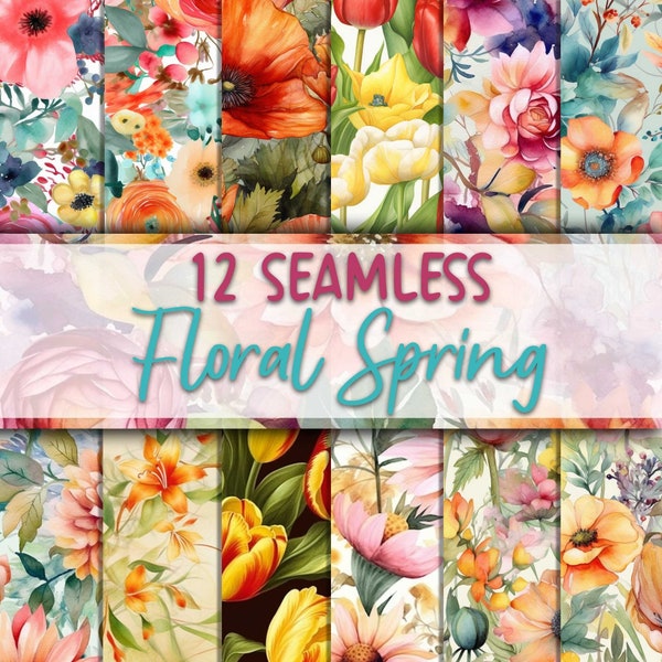 Floral Spring Digital Paper - Seamless Watercolor Flower Backgrounds - 12 Designs - 12x12in - Floral Sublimation - Commercial Use