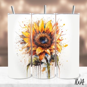 Watercolor Sunflowers 20oz Sublimation Tumbler Designs, Western 9.2 x 8.3” Straight Skinny Tumbler Wrap PNG, Sublimation Design PNG