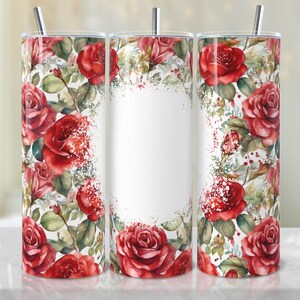 May include: Three stainless steel tumblers with a white background and a red rose floral design. The tumblers have a white space for personalization.