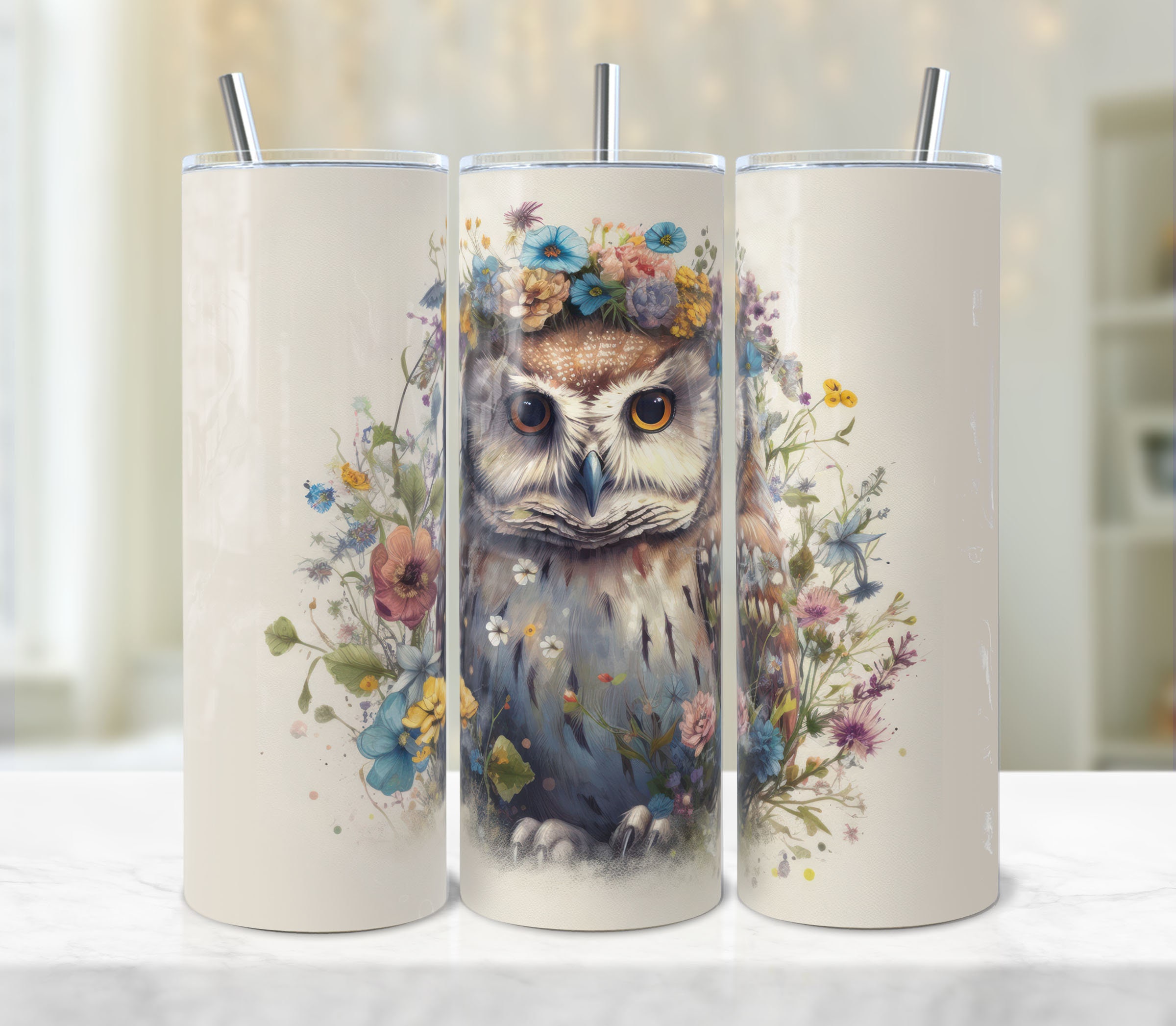 Floral Owl Tumbler Wrap: Watercolor Sublimation Design (Digital Download)