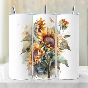 Watercolor Sunflowers 20oz Sublimation Tumbler Designs, Western 9.2 x 8.3” Straight Skinny Tumbler Wrap PNG, Sublimation Design PNG