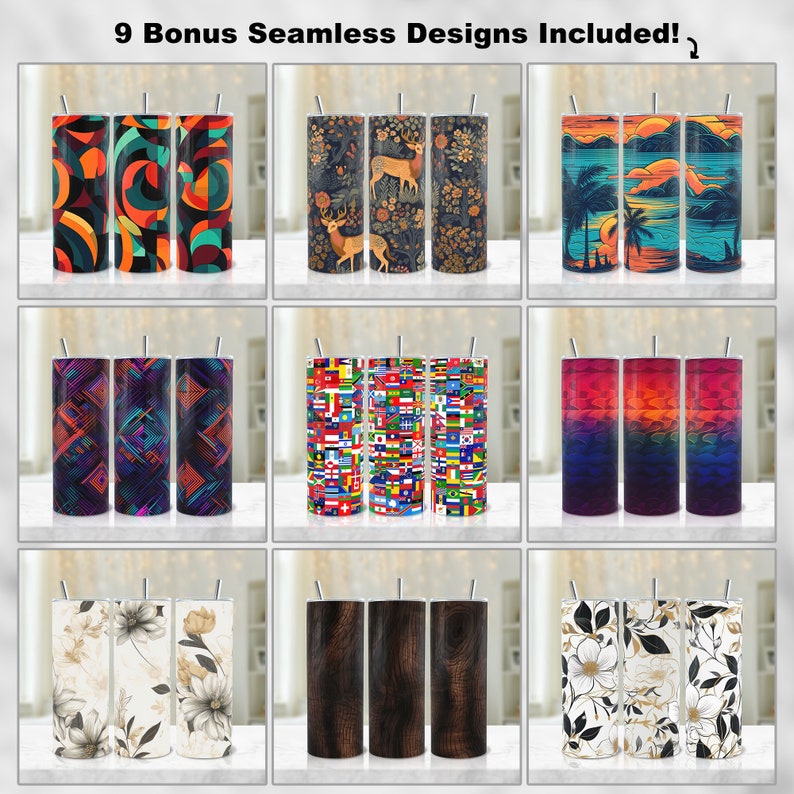 May include: Nine different designs for sublimation tumblers. The designs include geometric patterns, flags of the world, wood grain, floral patterns, and a sunset scene with palm trees.