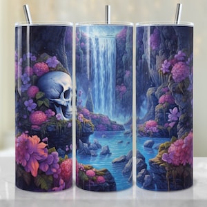 May include: A stainless steel tumbler with a colorful design featuring a skull, flowers, and a waterfall. The tumbler is a great way to keep your drinks cold or hot.
