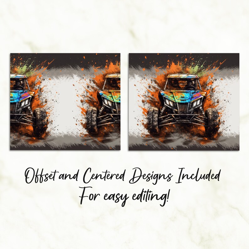May include: A colourful illustration of a side-by-side off-road vehicle driving through a dirt cloud. The vehicle is a bright blue, green, and orange colour. The background is a dark grey with orange and brown splatters.