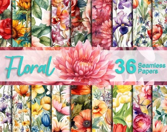 Digitales Aquarell Blumen Papier: 36 nahtlose Frühlingsblumen Hintergründe (30 x 30 cm)
