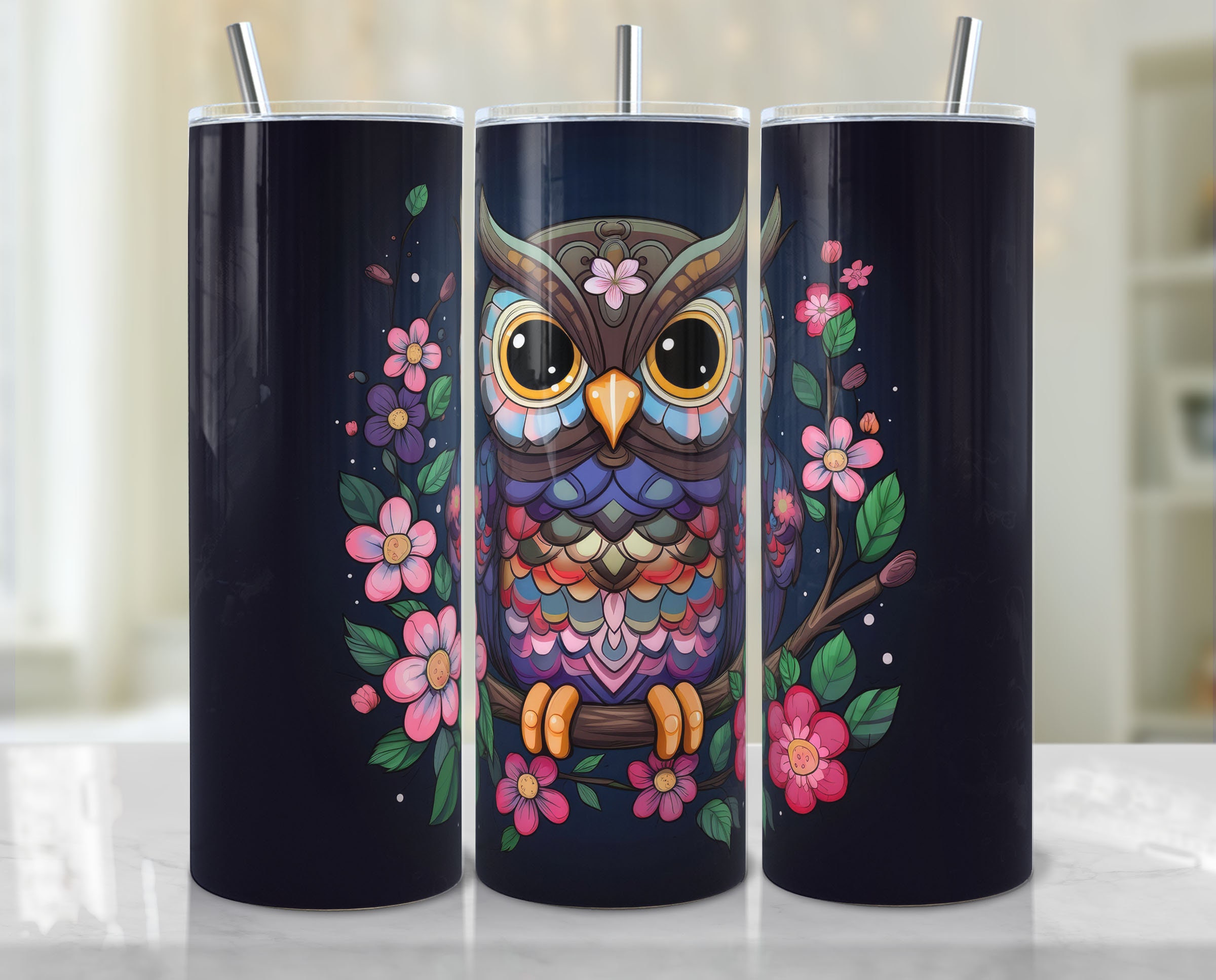 Floral Owl Stained Glass Tumbler Sublimation Design, Instant Digital Download PNG, Straight 20 oz Sk