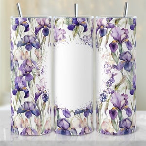 May include: Three stainless steel tumblers with a white background and a purple and green watercolour floral design. The tumblers have a white space for personalisation.