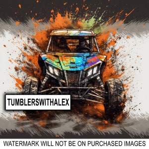 May include: A colourful, stylised illustration of a black and grey off-road vehicle with a splash of orange, blue and green paint. The vehicle is driving through a dirt track. The text "TUMBLERSWITHALEX" is visible in the bottom left corner of the image.