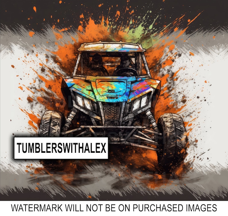 May include: A colourful, stylised illustration of a black and grey off-road vehicle with a splash of orange, blue and green paint. The vehicle is driving through a dirt track. The text "TUMBLERSWITHALEX" is visible in the bottom left corner of the image.
