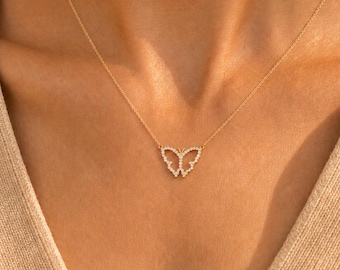 14K Gold Diamond Butterfly Necklace, Dainty Open Butterfly Pendant