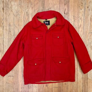 Vintage Woolrich-jachtjack uit de jaren 1950: rode wollen veldjas, maat Large