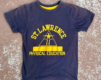 Vintage 1970s Double Face Phys Ed T-shirt, Size Small/XS Distressed Baby Tee, Blue and Yellow, Champion
