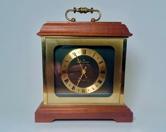 Vintage 70s Hamilton Mantle Clock, Brass and Hard Wood, Quartz Movement, Gold Hands and Roman Numerals