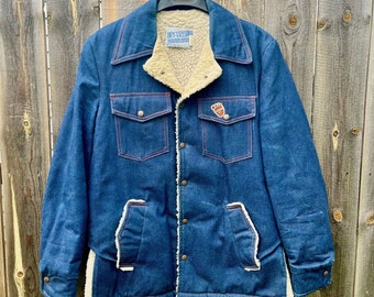 Vintage 1970er Jahre Sherpa Lined Denim Chore Mantel, Herren Größe Medium, Upstream Marke, Made in USA, Retro Workwear, Ranch Jacke, Westernwear Parka